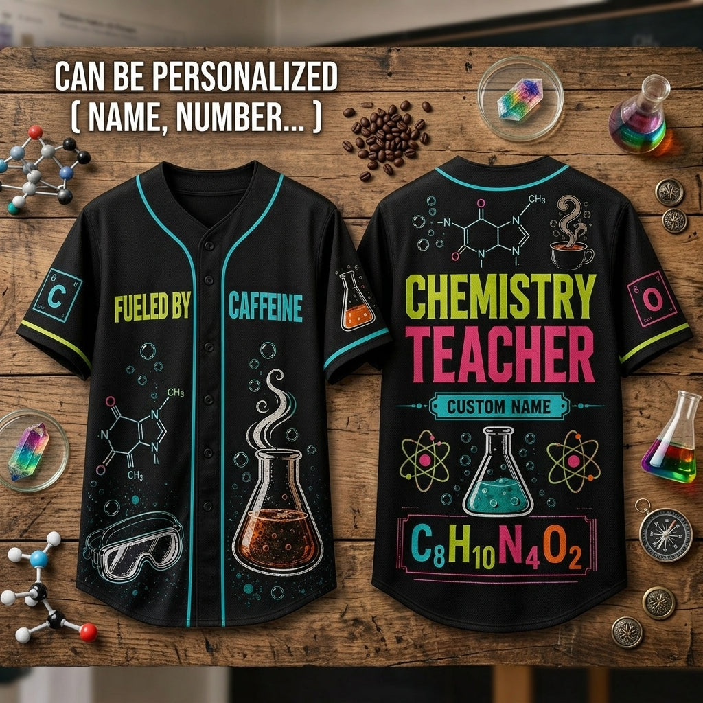 Personalized Chemistry Teacher Baseball Jersey - Custom Name Science Gift Fueled By Caffeine Design