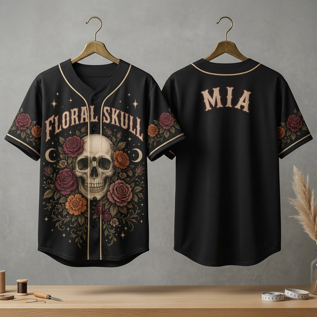 Personalized Floral Skull Baseball Jersey with Custom Name - Vintage Gothic Rose Athletic Shirt