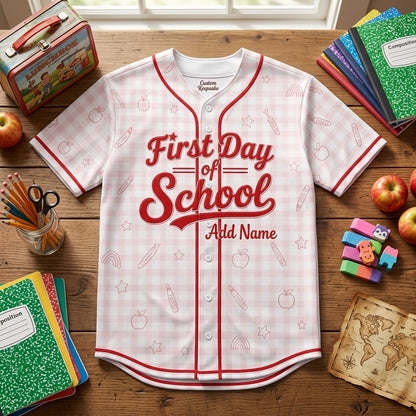 Personalized First Day of School Baseball Jersey - Custom Name & Number Back to School Gingham Shirt for Kids