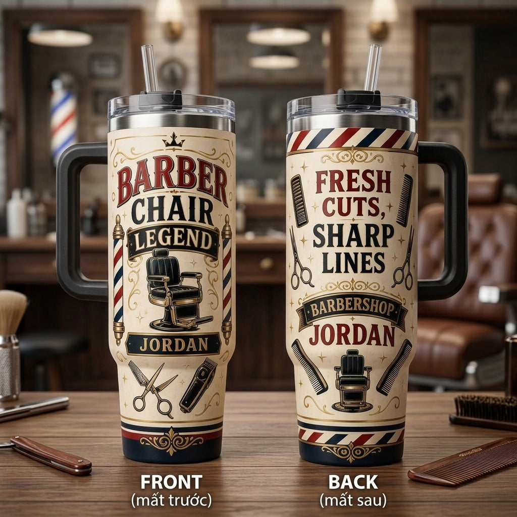Personalized Barber Chair Legend 40oz Tumbler with Handle - Custom Name Vintage Barbershop Gift