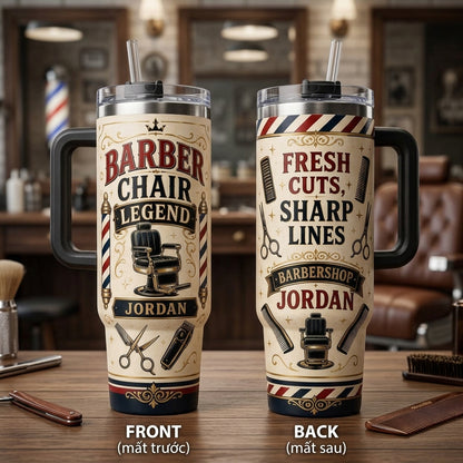 Personalized Barber Chair Legend 40oz Tumbler with Handle - Custom Name Vintage Barbershop Gift