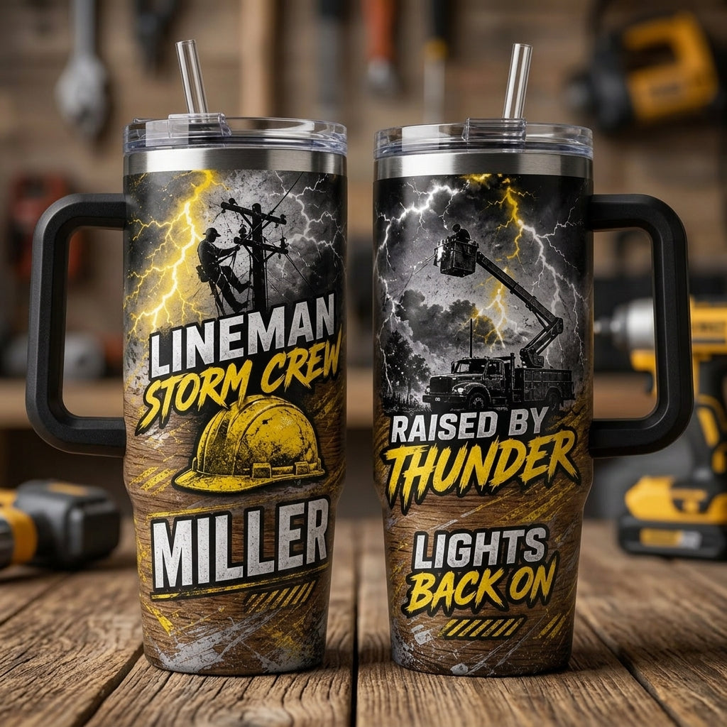 Personalized Lineman Storm Crew 40oz Tumbler with Handle - Custom Name Electrician Gift