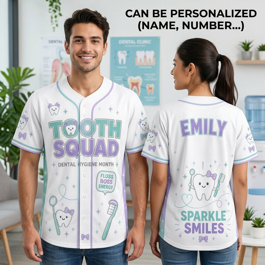 Personalized Tooth Squad Baseball Jersey Custom Name Dental Hygienist Gift Sparkle Smiles Jersey