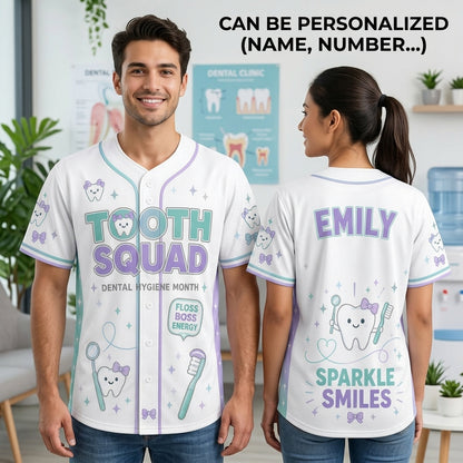 Personalized Tooth Squad Baseball Jersey Custom Name Dental Hygienist Gift Sparkle Smiles Jersey