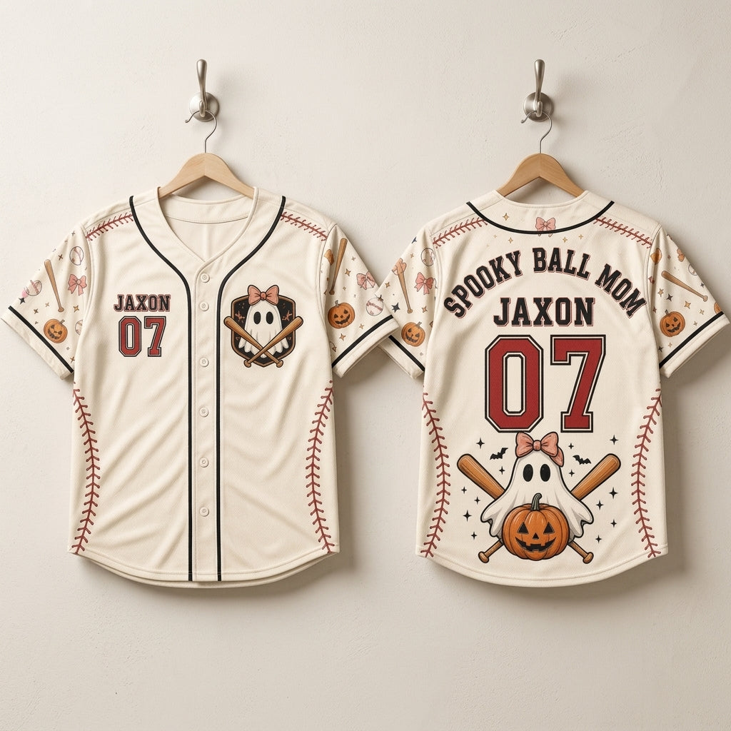 Personalized Spooky Ball Mom Baseball Jersey - Custom Name & Number Halloween Ghost Sports Shirt