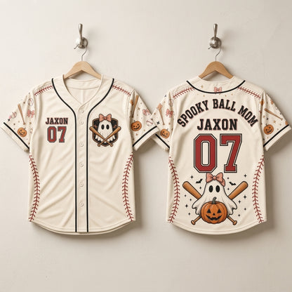 Personalized Spooky Ball Mom Baseball Jersey - Custom Name & Number Halloween Ghost Sports Shirt