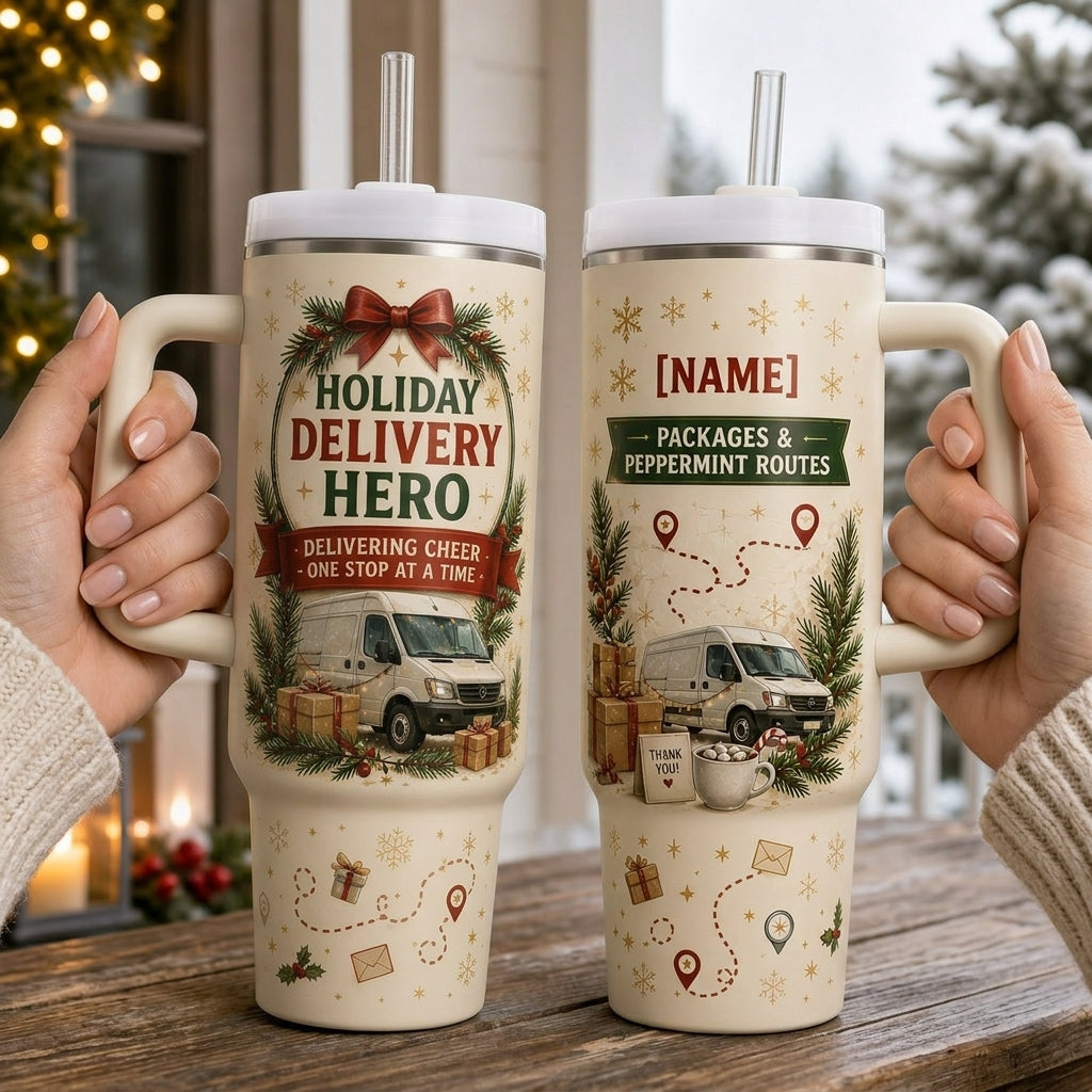 Personalized Holiday Delivery Hero 40oz Tumbler with Handle - Custom Name Christmas Gift for Drivers