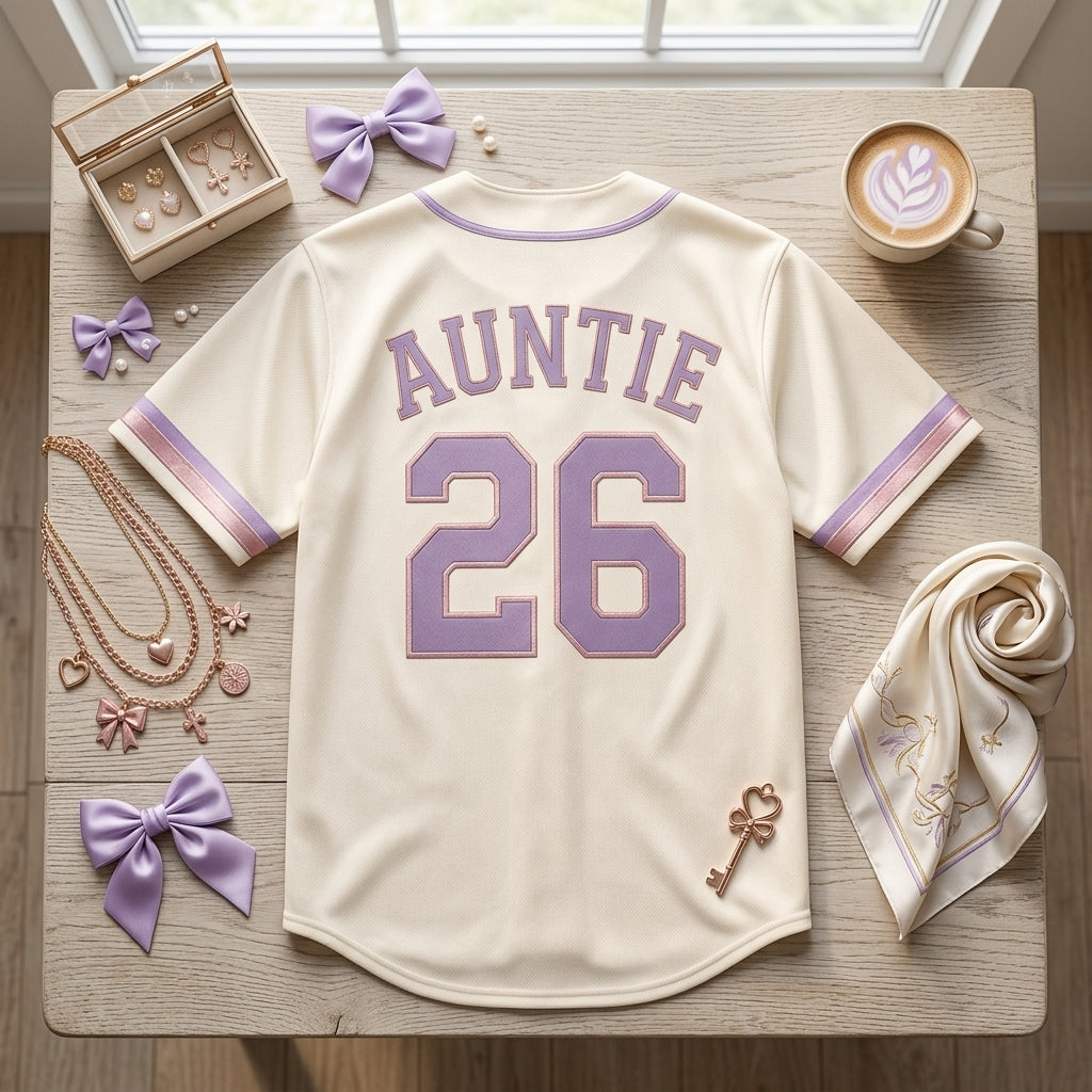 Personalized Auntie Era Baseball Jersey - Custom Favorite Aunt Since Year Shirt - Rose Gold and Lavender Gift
