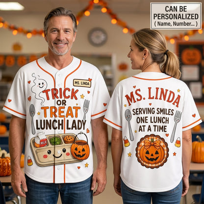 Personalized Trick or Treat Lunch Lady Halloween Baseball Jersey - Custom Name Cafeteria Staff Gift Apparel