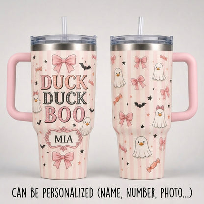 Personalized Duck Duck Boo 40oz Tumbler with Handle, Custom Coquette Ghost Duck Pink Halloween Gift