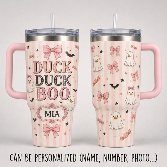 Personalized Duck Duck Boo 40oz Tumbler with Handle, Custom Coquette Ghost Duck Pink Halloween Gift