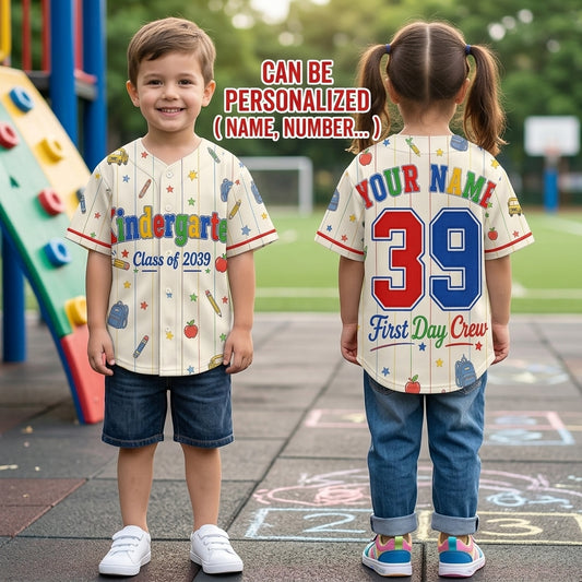 Personalized Kindergarten Class of 2039 Baseball Jersey - Custom Name First Day Crew School Shirt