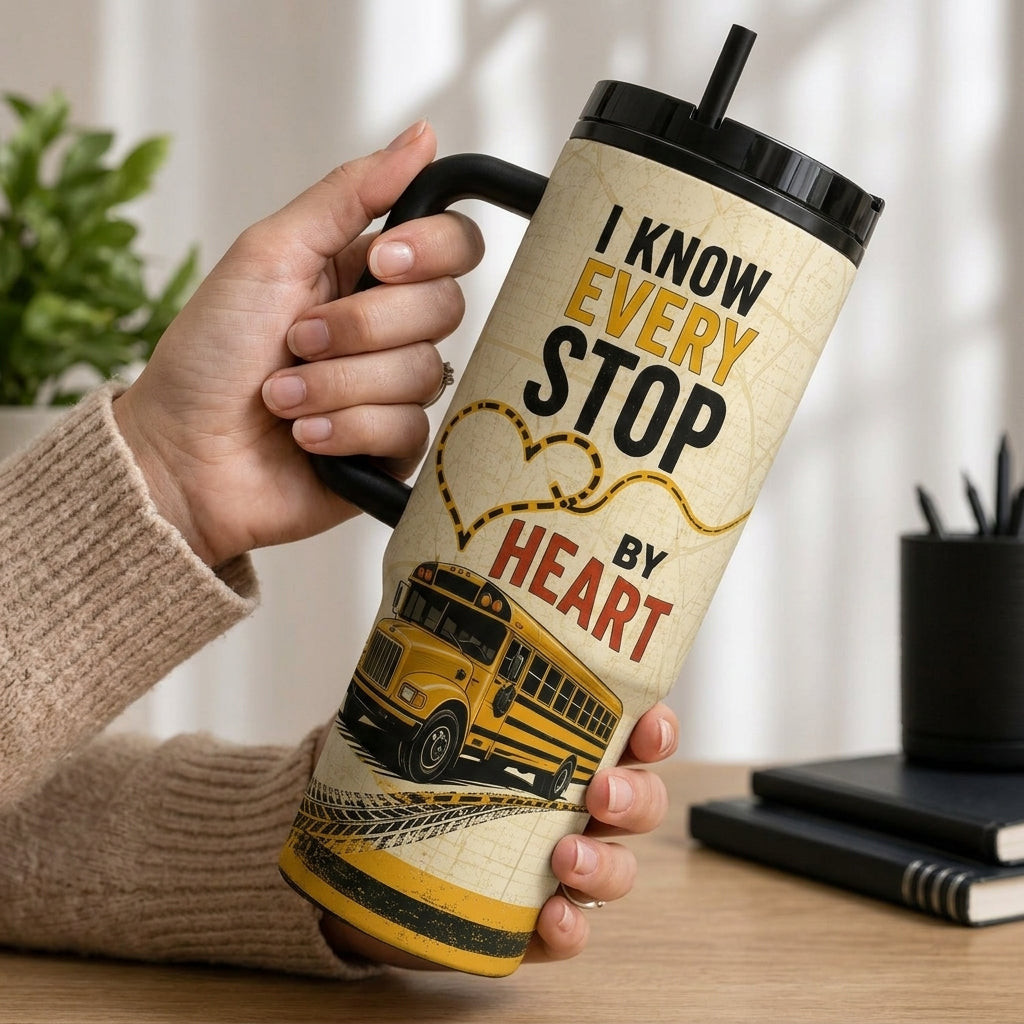 School Bus Driver Gift 40oz Tumbler with Handle - Route Legend I Know Every Stop By Heart Insulated Travel Mug