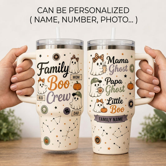 Personalized Family Boo Crew 40oz Tumbler with Handle - Custom Name Halloween Ghost Mama Papa Little Boo Cup