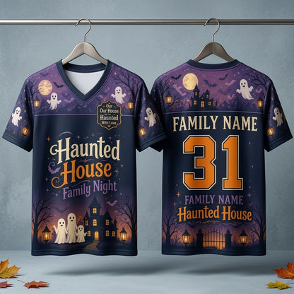 Personalized Haunted House Family Night Football Jersey - Custom Family Name and Number Halloween Mesh Shirt
