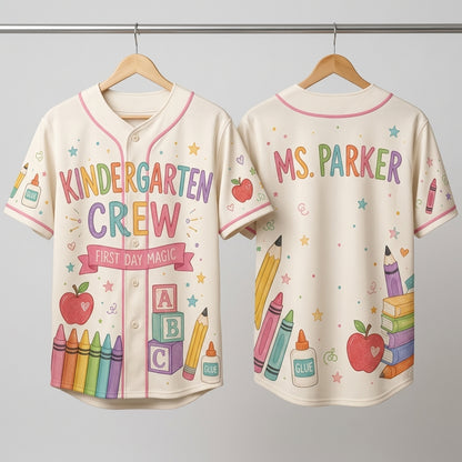 Personalized Kindergarten Crew Teacher Baseball Jersey - Custom Name Back to School Sporty Shirt
