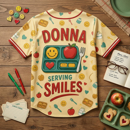 Personalized Cafeteria Smile Crew Baseball Jersey - Custom Name Gift for Lunch Ladies & School Nutrition Workers