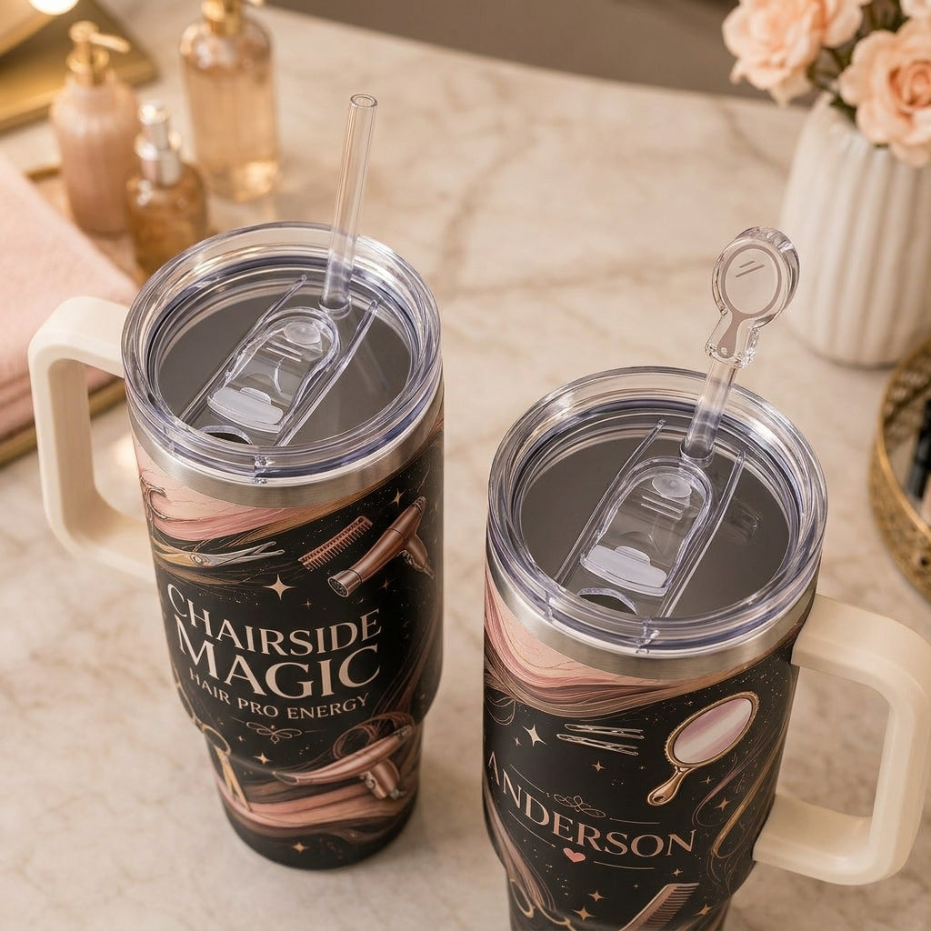 Personalized Chairside Magic Hairdresser 40oz Tumbler with Handle - Custom Name Gift for Stylists & Salon Pros - 40oz tumbler mockup 5
