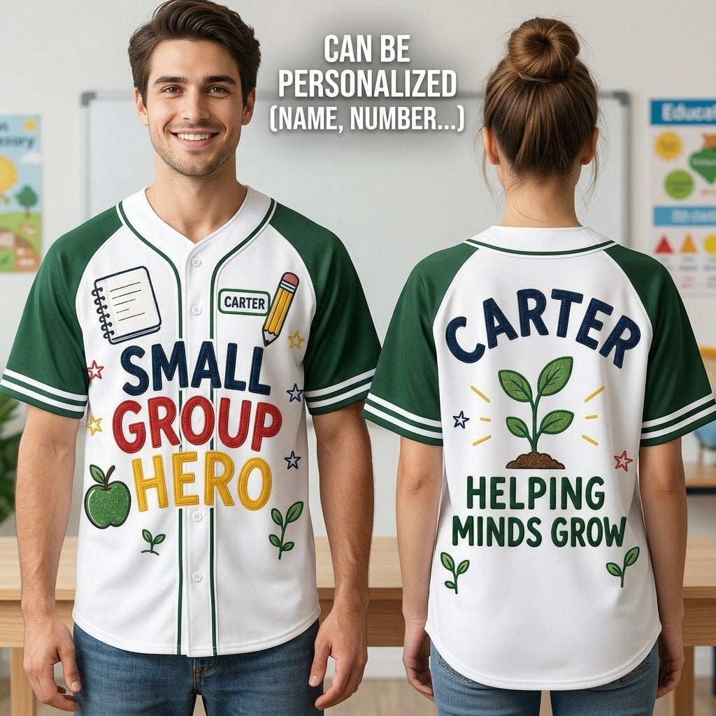 Personalized Small Group Hero Baseball Jersey - Custom Teacher Appreciation Gift - Helping Minds Grow Educator Shirt