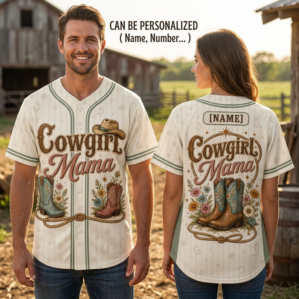 Personalized Cowgirl Mama Baseball Jersey - Custom Name Western Mom Shirt with Floral Boots
