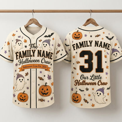 Personalized Family Name Halloween Crew Baseball Jersey - Custom Ghost and Pumpkin Spooky Season Matching Shirt