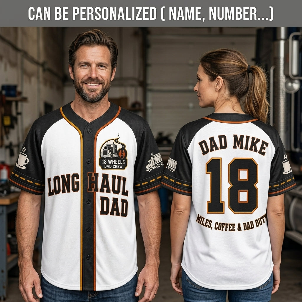 Personalized Trucker Dad Baseball Jersey - Custom Name & Number Long Haul Trucking Gift