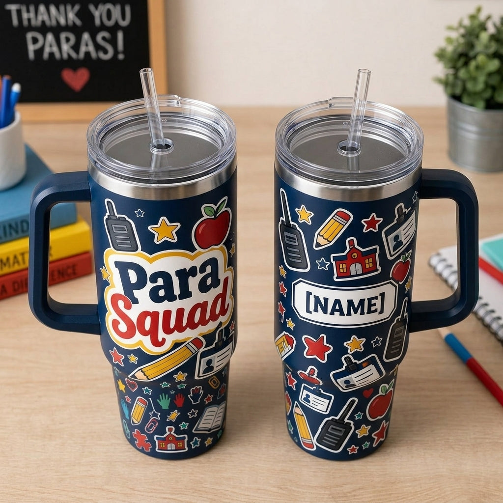 Personalized Para Squad 40oz Tumbler with Handle - Custom Name Paraprofessional Appreciation Gift