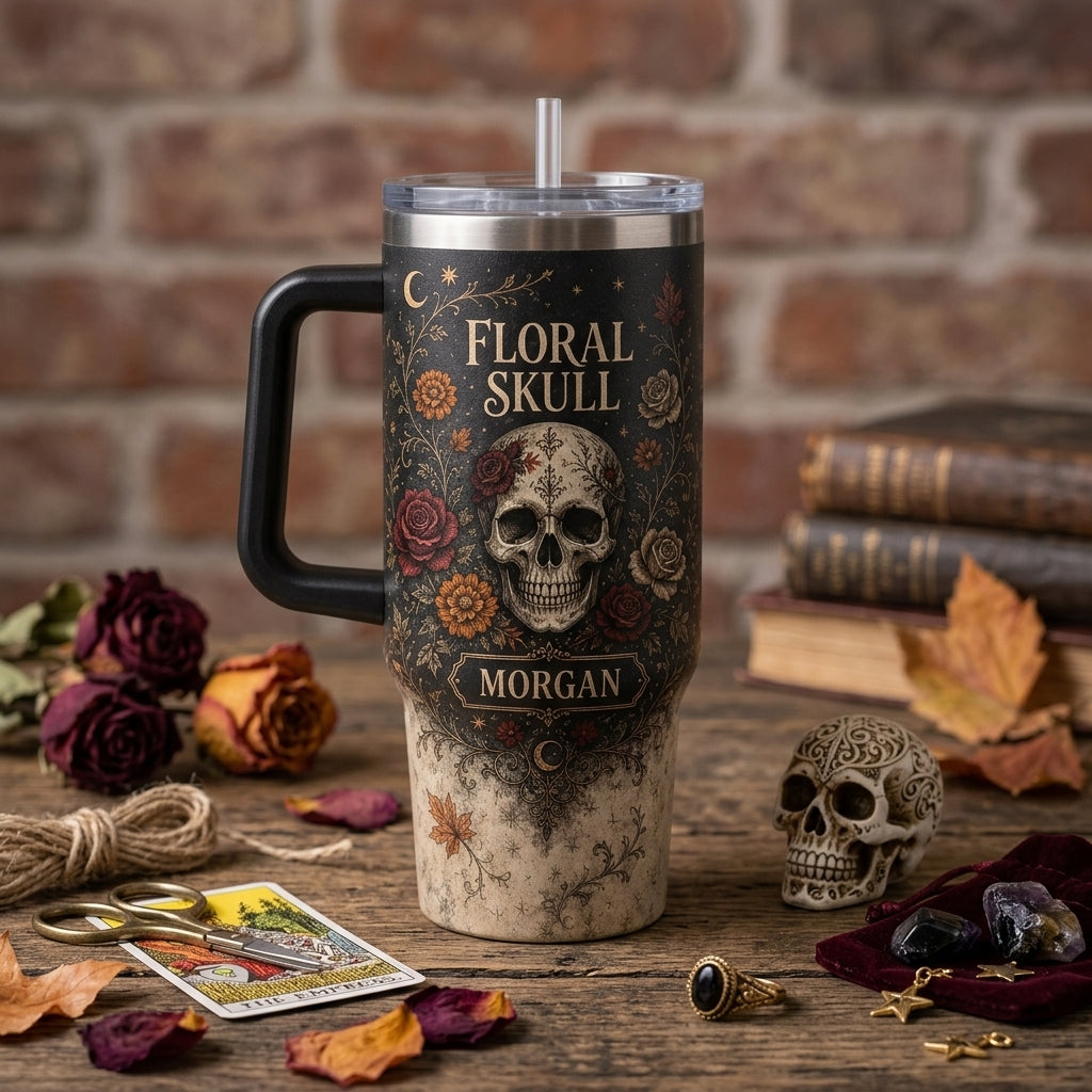 Personalized Floral Skull 40oz Tumbler with Handle, Gothic Rose & Moon Design Custom Name Gift