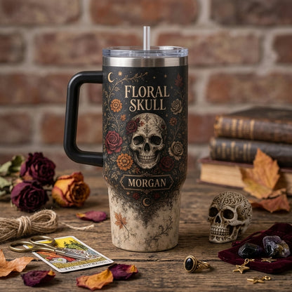 Personalized Floral Skull 40oz Tumbler with Handle, Gothic Rose & Moon Design Custom Name Gift