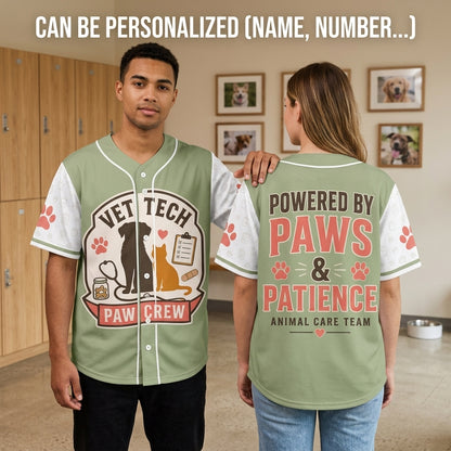 Personalized Vet Tech Paw Crew Baseball Jersey - Animal Care Team Powered by Paws & Patience