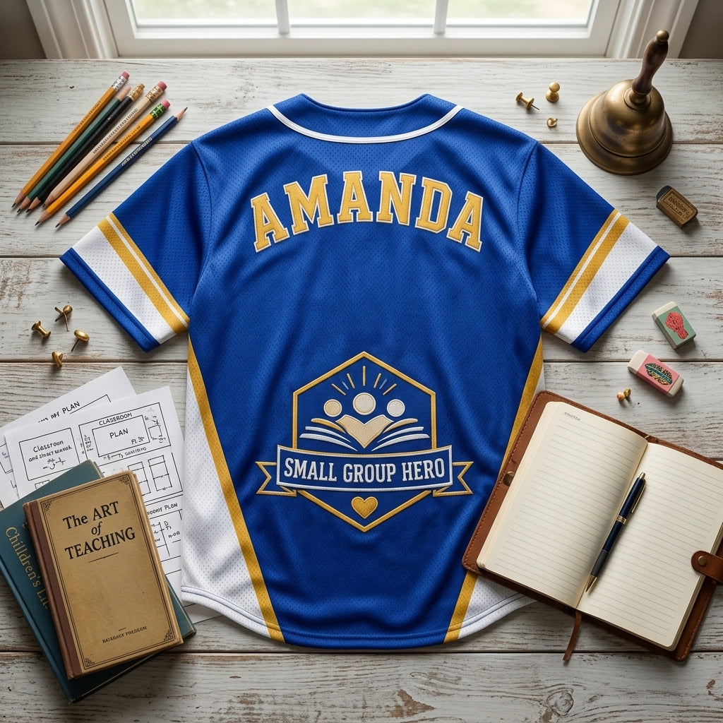 Personalized Small Group Hero Classroom Aide Baseball Jersey - Custom Teacher Appreciation Apparel