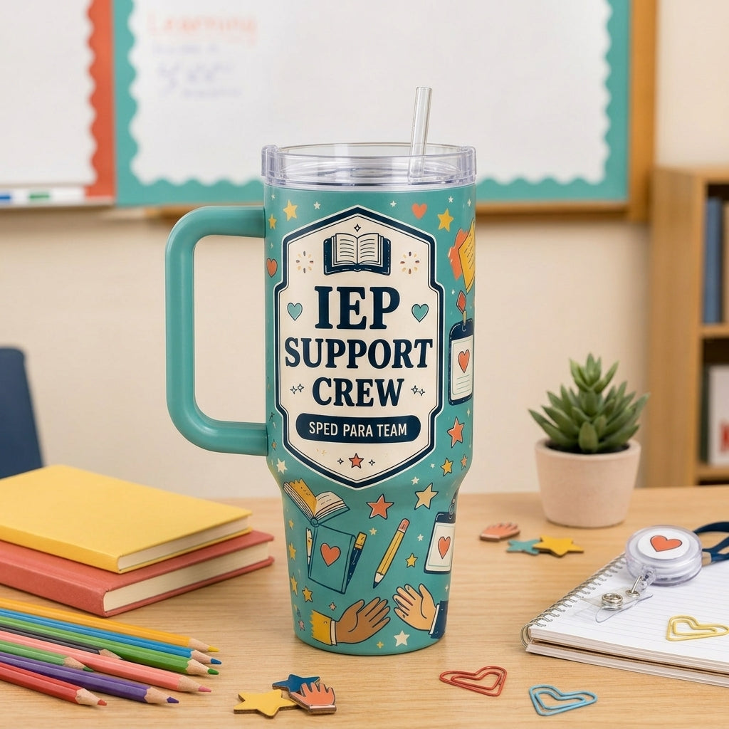 Personalized IEP Support Crew 40oz Tumbler with Handle - Custom Name SPED Para Team Gift - 40oz tumbler mockup 3