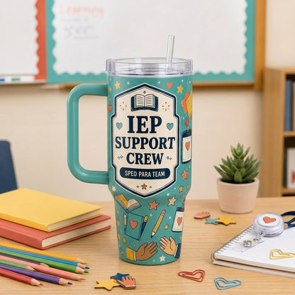 Personalized IEP Support Crew 40oz Tumbler with Handle - Custom Name SPED Para Team Gift - 40oz tumbler mockup 3