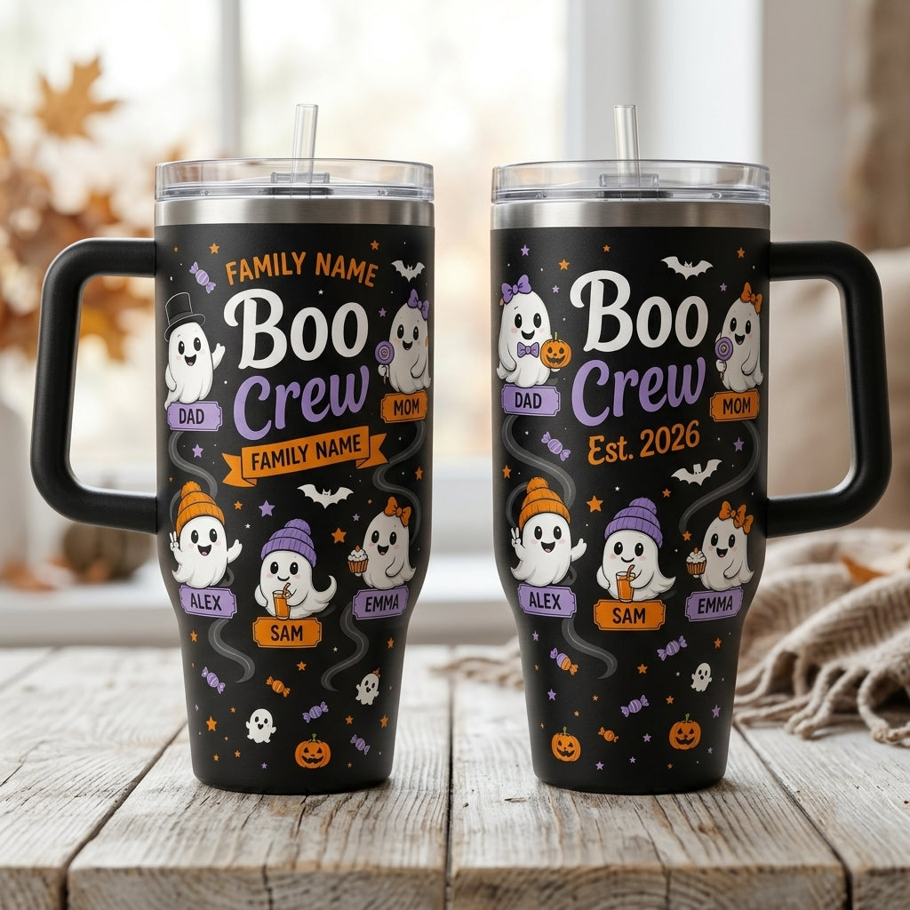 Personalized Boo Crew Halloween Ghost 40oz Tumbler with Handle - Custom Family Name & Member Gift