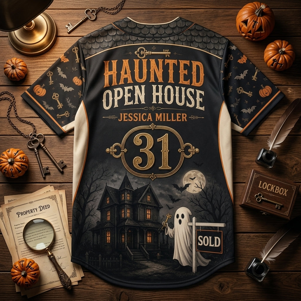 Personalized Haunted Open House Baseball Jersey - Custom Name Realtor Boo Crew Halloween Shirt