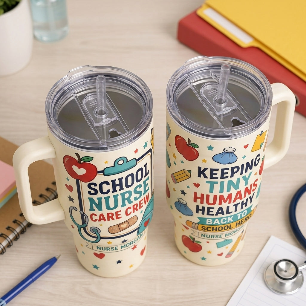 Personalized School Nurse Care Crew 40oz Tumbler with Handle - Custom Name Keeping Tiny Humans Healthy Mug