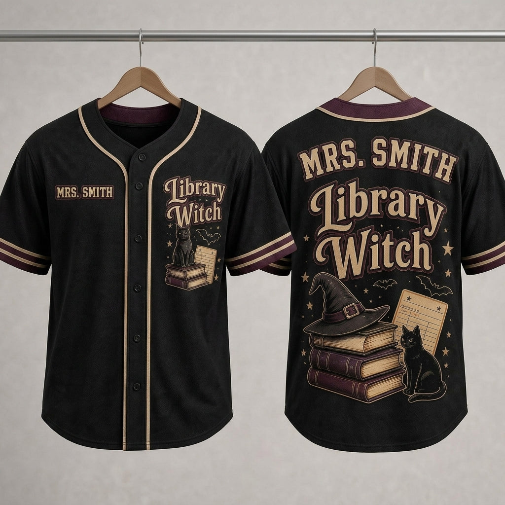 Personalized Library Witch Baseball Jersey - Custom Name Gift for Librarians & Book Lovers
