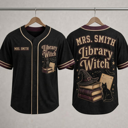 Personalized Library Witch Baseball Jersey - Custom Name Gift for Librarians & Book Lovers