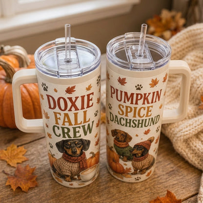 Personalized Doxie Fall Crew 40oz Tumbler with Handle - Pumpkin Spice Dachshund Dog Lover Gift