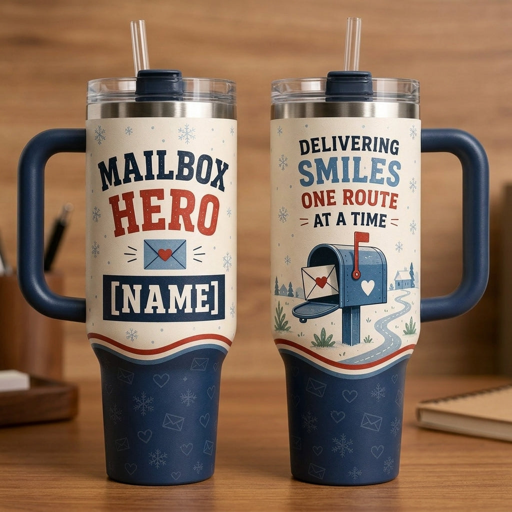 Personalized Mailbox Hero 40oz Tumbler with Handle - Custom Name Gift for Mail Carrier & Postal Worker - 40oz tumbler mockup 2