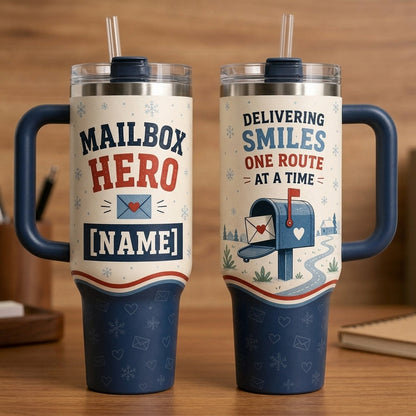 Personalized Mailbox Hero 40oz Tumbler with Handle - Custom Name Gift for Mail Carrier & Postal Worker - 40oz tumbler mockup 2