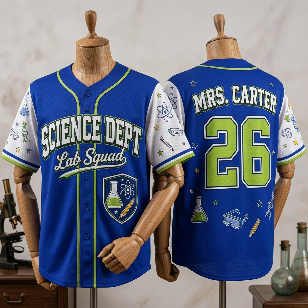Personalized Science Teacher Baseball Jersey - Custom Name and Number Lab Squad STEM Gift
