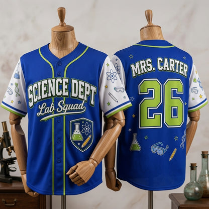Personalized Science Teacher Baseball Jersey - Custom Name and Number Lab Squad STEM Gift