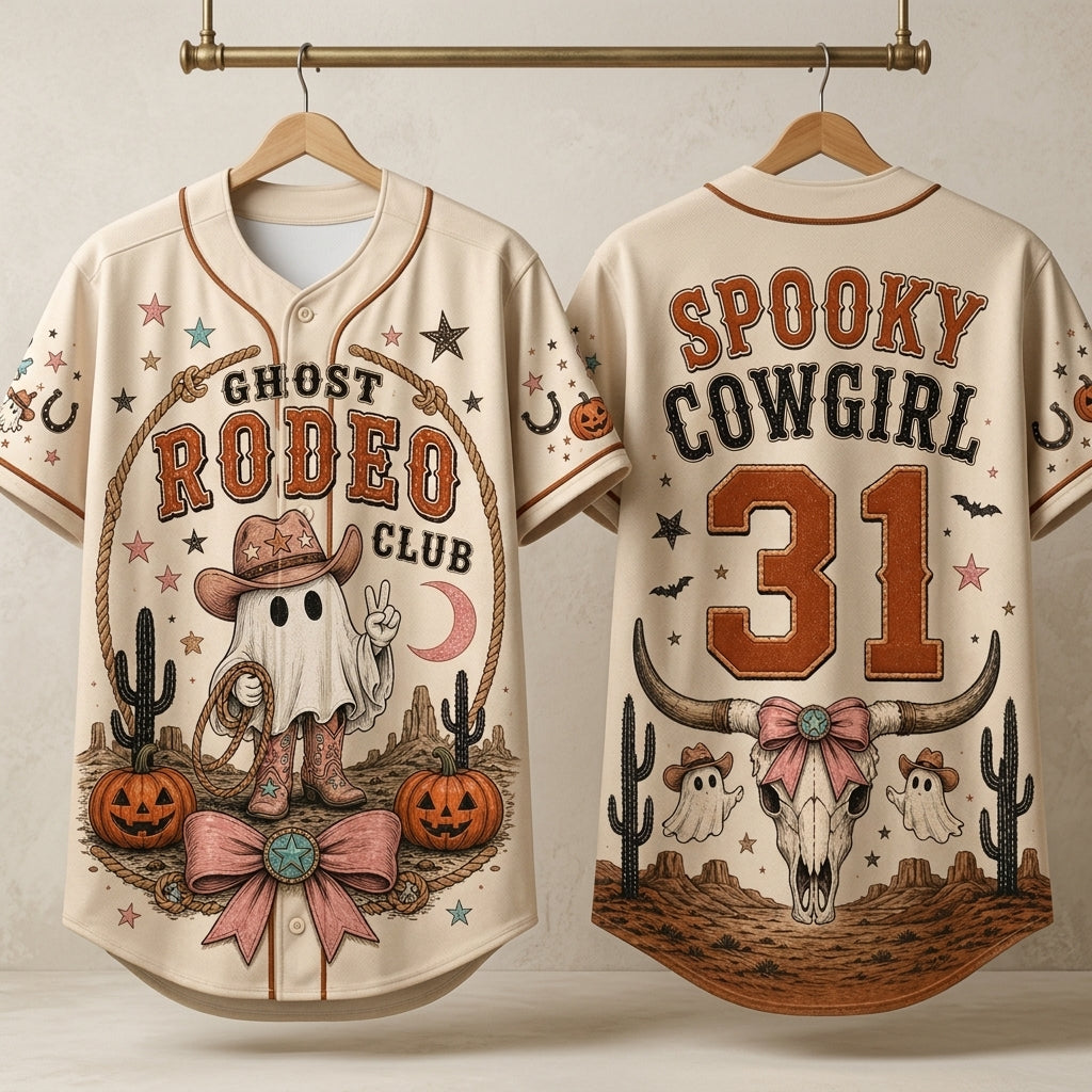 Personalized Spooky Cowgirl Ghost Rodeo Club Baseball Jersey - Custom Name & Number Halloween Western Outfit product view 3