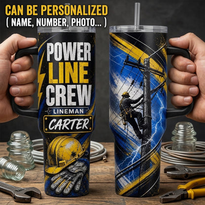 Personalized Power Line Crew Lineman 40oz Tumbler with Handle, Custom Name Gift for Electrician