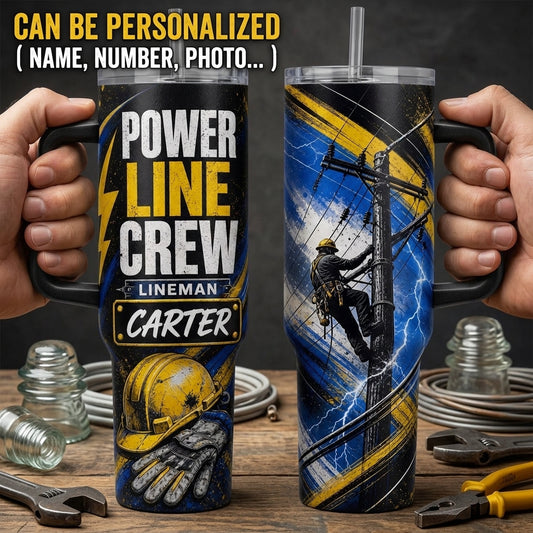 Personalized Power Line Crew Lineman 40oz Tumbler with Handle, Custom Name Gift for Electrician