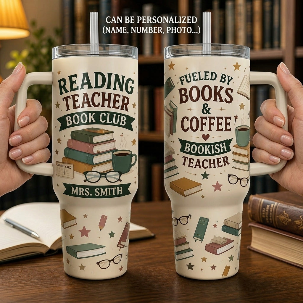 Personalized Reading Teacher Book Club 40oz Tumbler with Handle, Custom Bookish Gift for Teachers