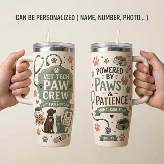 Personalized Vet Tech Paw Crew 40oz Tumbler with Handle - Custom Name Veterinary Gift for Animal Care Team