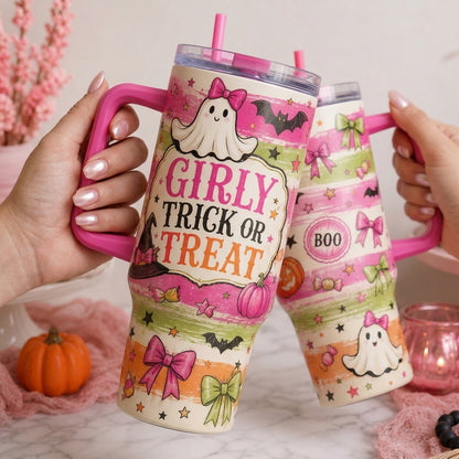 Girly Trick or Treat 40oz Tumbler with Handle - Cute Pink Ghost Halloween Insulated Travel Mug
