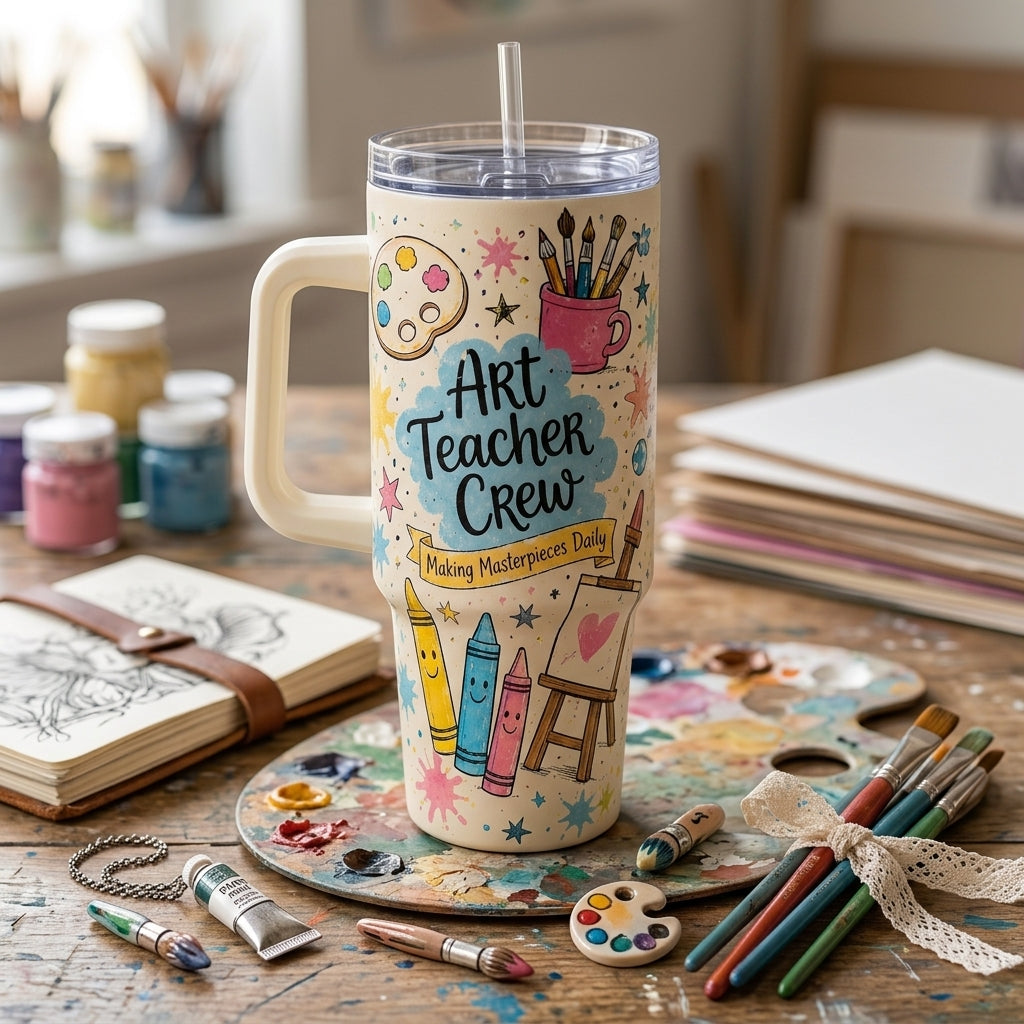 Personalized Art Teacher Crew 40oz Tumbler with Handle - Custom Name Artist Instructor Gift